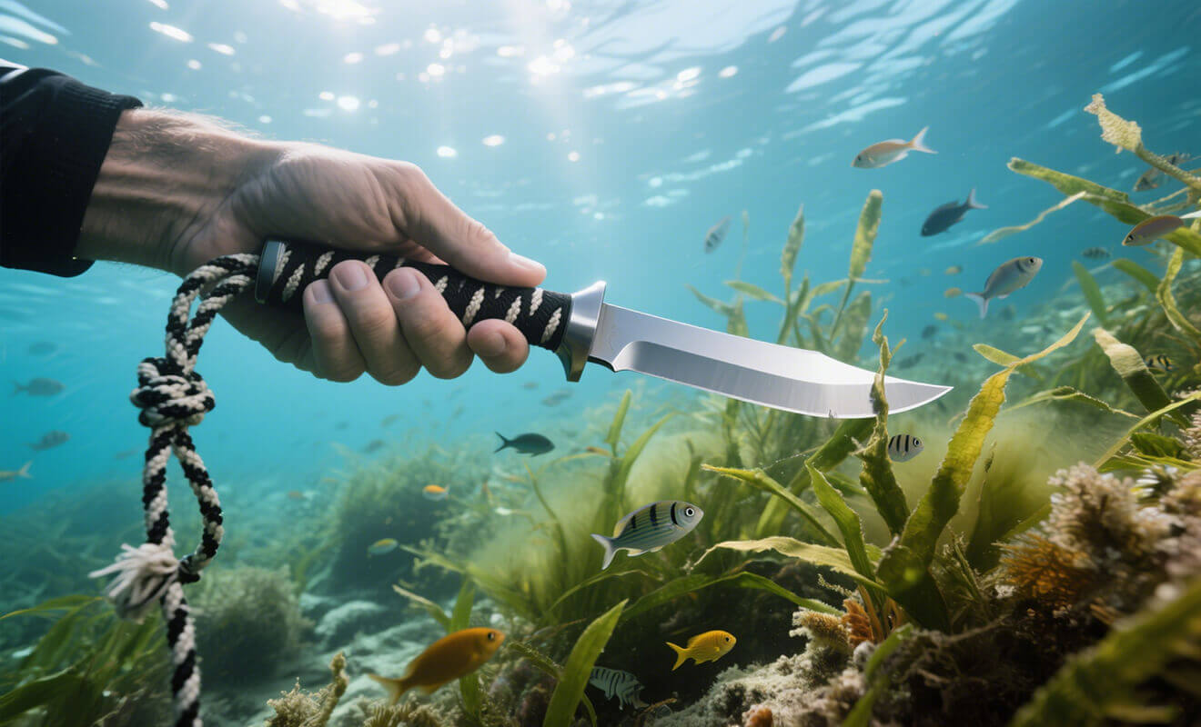 Why do the handles of diving knives all have ropes tied to them? What is the function of the rope?