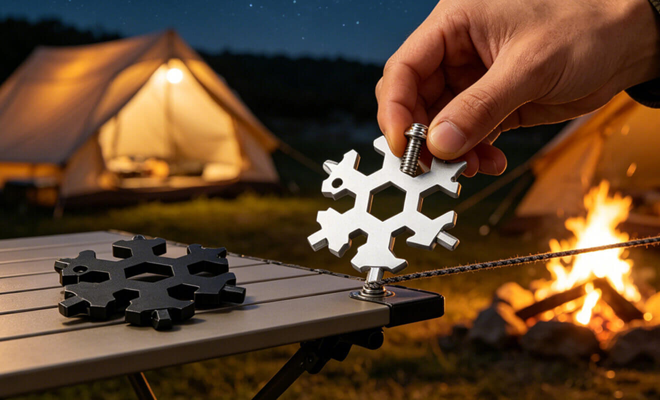 Snowflake Multi-Tool – Tiny 18-in-1 Pocket Gear for Camping, Hiking & Wilderness Trips